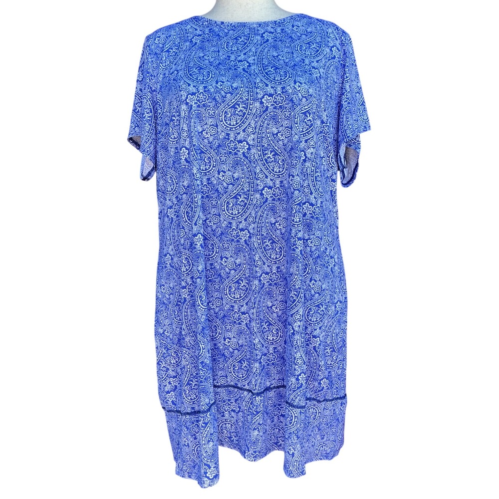 Lands End Swim Cover Up Dress Womens 2X Blue Paisley Short Sleeve Stretch Beach